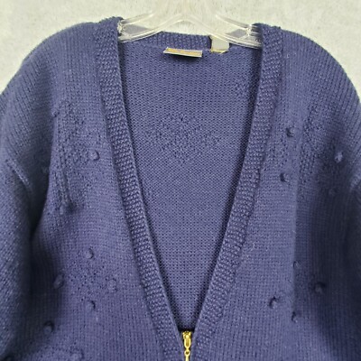 Vtg 80s Womens Wool Cardigan S Blue Zip Knit Sweater Pom Pom
