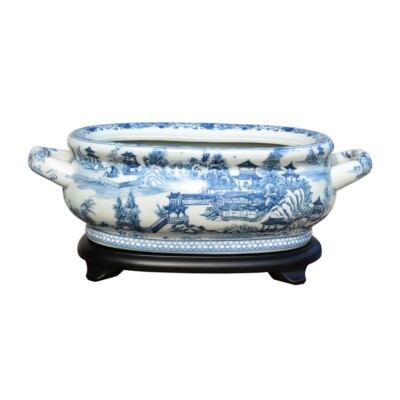 Blue and White Porcelain Chinoiserie Foot Bath Planter Willow Landscape Motif
