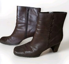 Brown Leather Cross Stitch Zip-up Heel Boots Ladies Size 10M