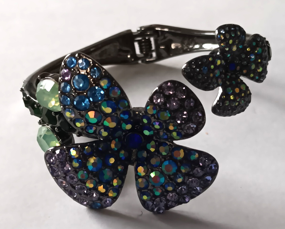 Betsey Johnson Crystal Rhinestone Flower Hinged Cuff Bangle Bracelet