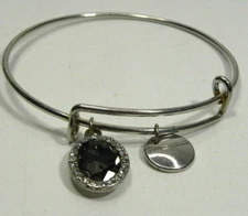 Silver Tone Expandable Bracelet Oval Glass Rhinestone Charm Gray Thin Bangle