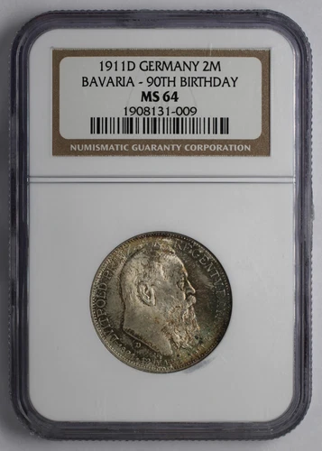 1911 D Germany Silver 2 Mark Bavaria 90th Birthday NGC MS 64