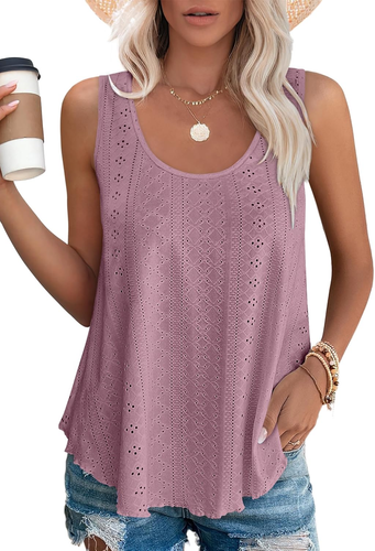 Womens Tank Tops Sleeveless Eyelet Embroidery Scoop Neck Loose Fit Casual Summer