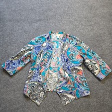 Chicos Jacket Womens Size Large Blue Paisley Linen 3/4 Sleeve Open Blazer Casual
