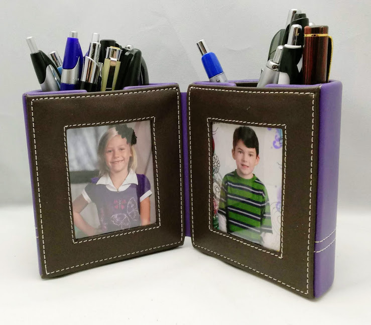 Cup And Photo Holder For Desk Top Genuine Napa Leather Purple