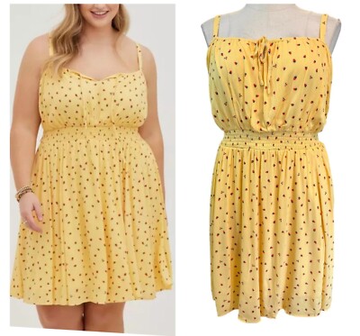 Torrid Plus Size 4 Yellow Strawberries Mini Smocked Gauze Tank Sun Dress 4X New
