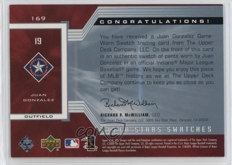 2002 SPx Super Stars Swatches /800 Juan Gonzalez #169 - Image 2 of 2