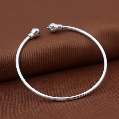Women 925 Sterling Silver Lotus Bud Bangle Bracelet Open Cuff Adjustable Vintage