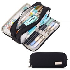 Large Capacity 3 Compartment Pencil Case Organizer Pouch Black