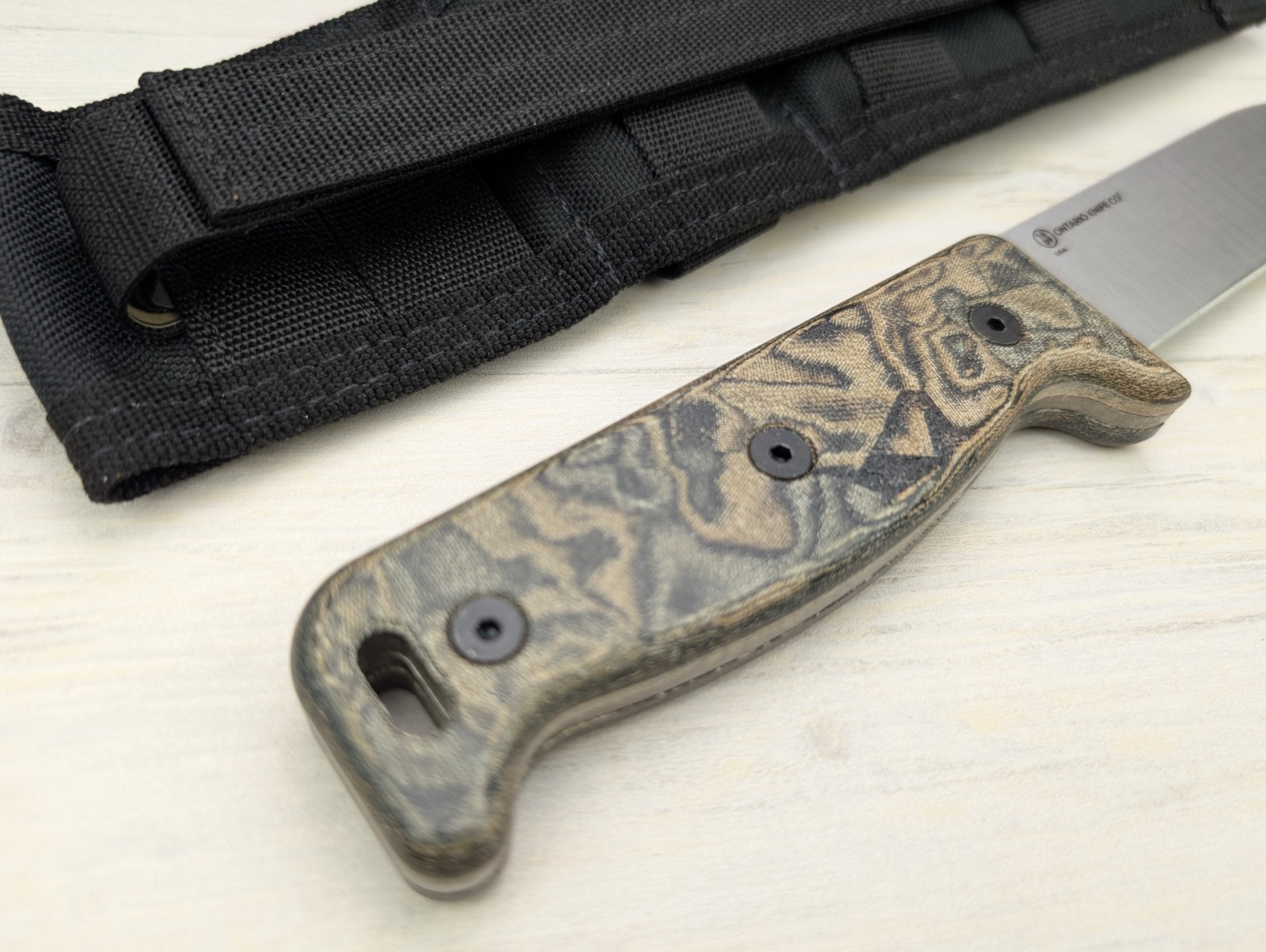 Ontario Black Bird ML5 Fixed Blade Knife Camo Micarta Handle Nylon Belt Sheath