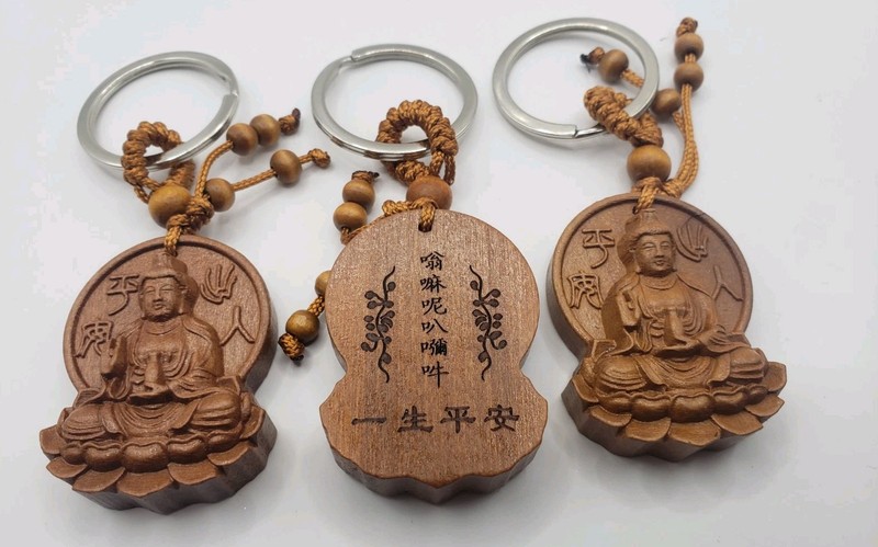 Lot Of 3 Wood Buddha Keychain For Lucky And Good Fortune