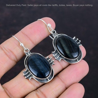Sterling Silver Oval Pietersite Gemstone Hook Bezel Daughter New Dangle Earrings