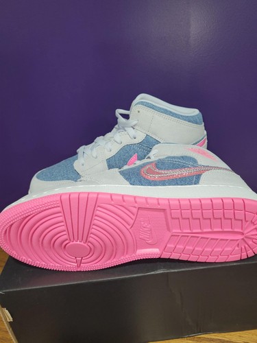 Nike Air Jordan 1 Mid Denim Sequin GS 5Y Youth HQ1999-400 Pink New Release - Picture 10 of 10