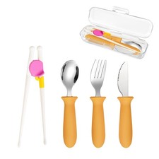 4 Pack Yellow Toddler Utensils Stainless Steel Spoon Fork Knife Chopsticks