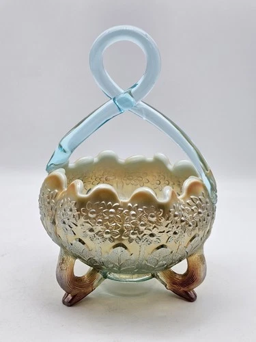 Fenton For Levay Aqua Opal Fenton's Flowers Carnival Glass Basket Twisted Handle