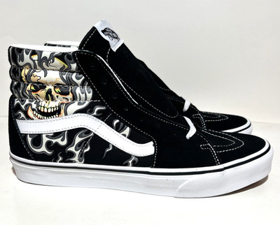 Vans Sk8-Hi Mens Size 11 Flame Skull Black White Skateboarding Casual Sneakers