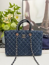 Chanel Quilted Denim Tote Bag Handbag Blue Leather-Woven Chain [Duties Paid]