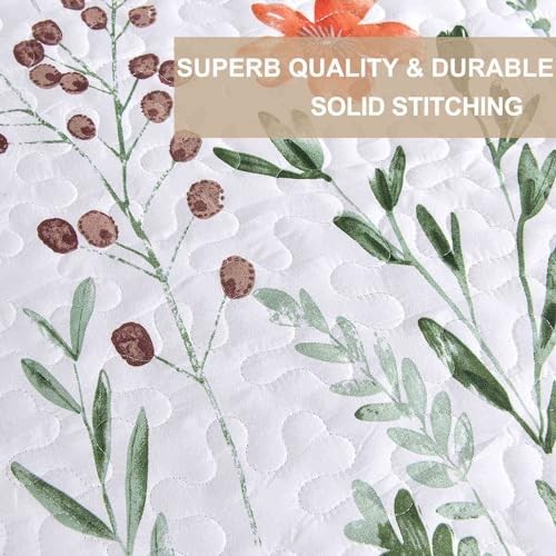 Quilt Set Queen Full Size 3 Pcs, White Floral Green Yellow Flower Leaf Spring - Picture 6 of 7