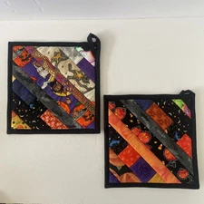 Halloween Potholders Lot of 2 Quilted Witch Pumpkins Cat