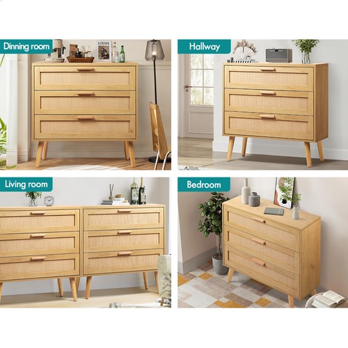 ALFORDSON 3 Chest of Drawers Storage Cabinet Rattan Dresser Lowboy Oak - Picture 3 of 12