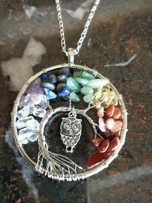 Pendant Necklace Natural Gemstone Tree of Life Owl Crystal 18