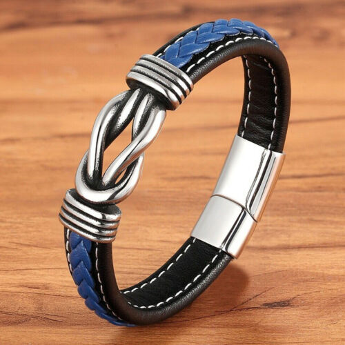 Geometric Stainless Steel Men's Leather Bracelet Hand-woven Magnetic Clasp - Afbeelding 1 van 6