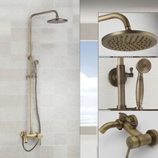 3-way Antique Brass Bathroom Shower Faucet Set Rain Shower Head System Mixer Tap