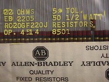 50 Allen Bradley RC20GF220J 22 Ohm 1/2 W 5% Carbon Comp Resistors