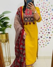 Heavy Cotton Top Tunic Kurti Pant Dupatta Set Women Party Wear Salwar Kameez