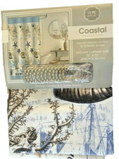 Coastal Fabric Shower Curtain Anchor Shells Starfish w/Hooks Beach Summer House