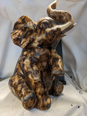 Elephant Seated Trunk up  Tusks Resin 12 in Detailed Features