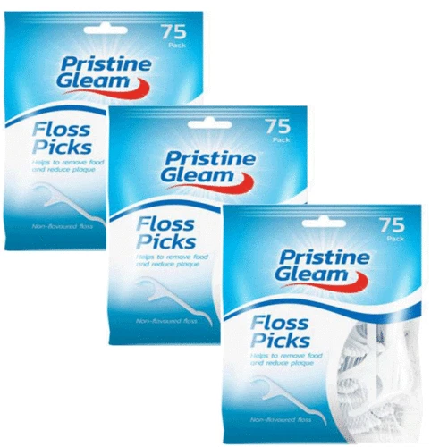 PRISTINE GLEAM 75pc Dental Floss Sticks & Tooth Picks Teeth Plaque Remover Interdental 2 in 1
