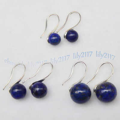 Natural Blue Lapis Lazuli Round 6mm 8mm 10mm Gems Silver Hook Dangle Earrings AA