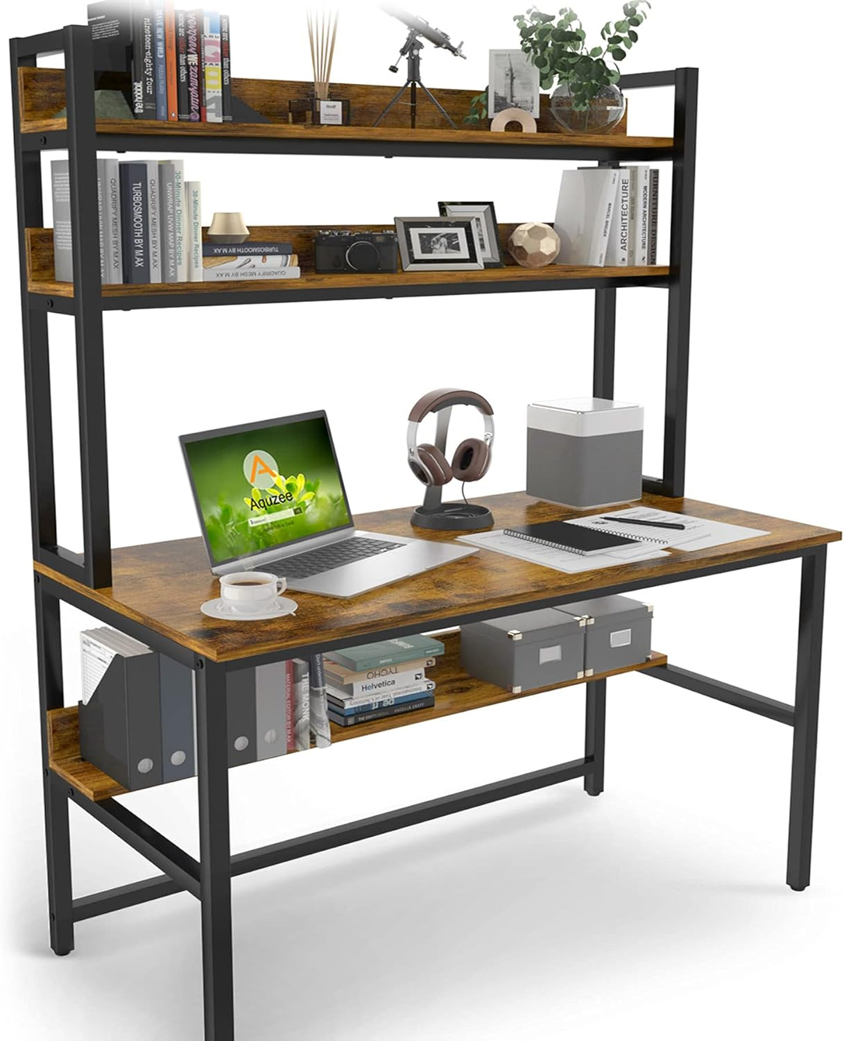 47-Inch Wide Computer Desk with Hutch, Shelves, and Bookshelf, Compact 47W x 23.6D Design-image