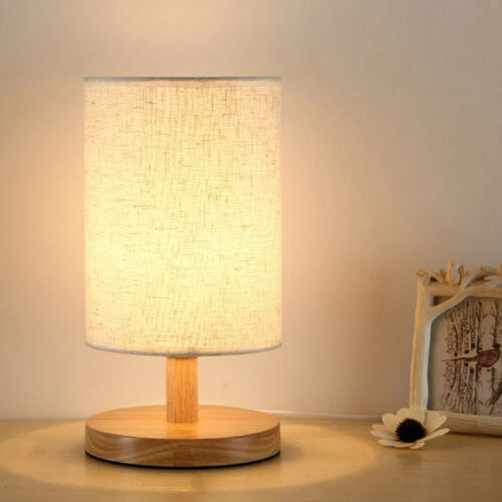 Nordic Cylinder Bedside Table Lamp Wooden Table lamp Fabric Lampshade HU