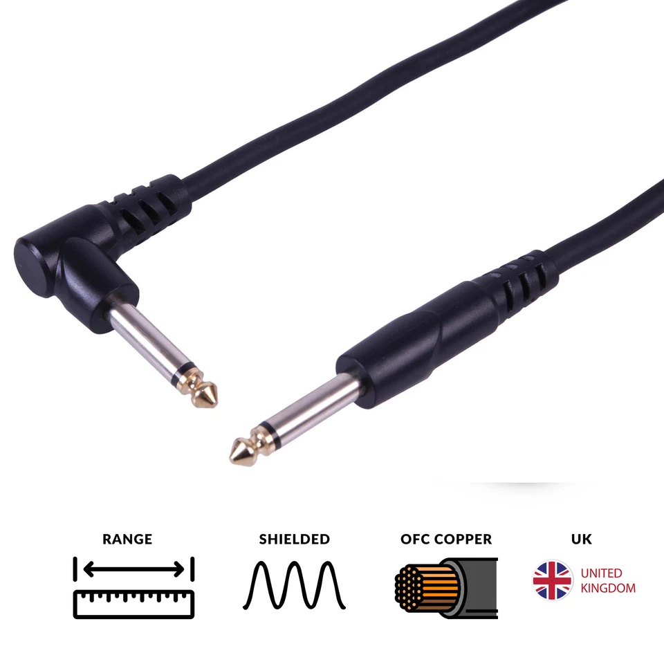 PRO-SIGNAL Right Angle Guitar Lead Jack to Jack Cable 6.35mm Mono Plug 6.3mm 1/4 Inch