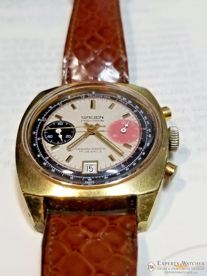 Vintage GRUEN Valjoux 7734 Gold Plate Chronograph Watch Raspberry Panda Dial