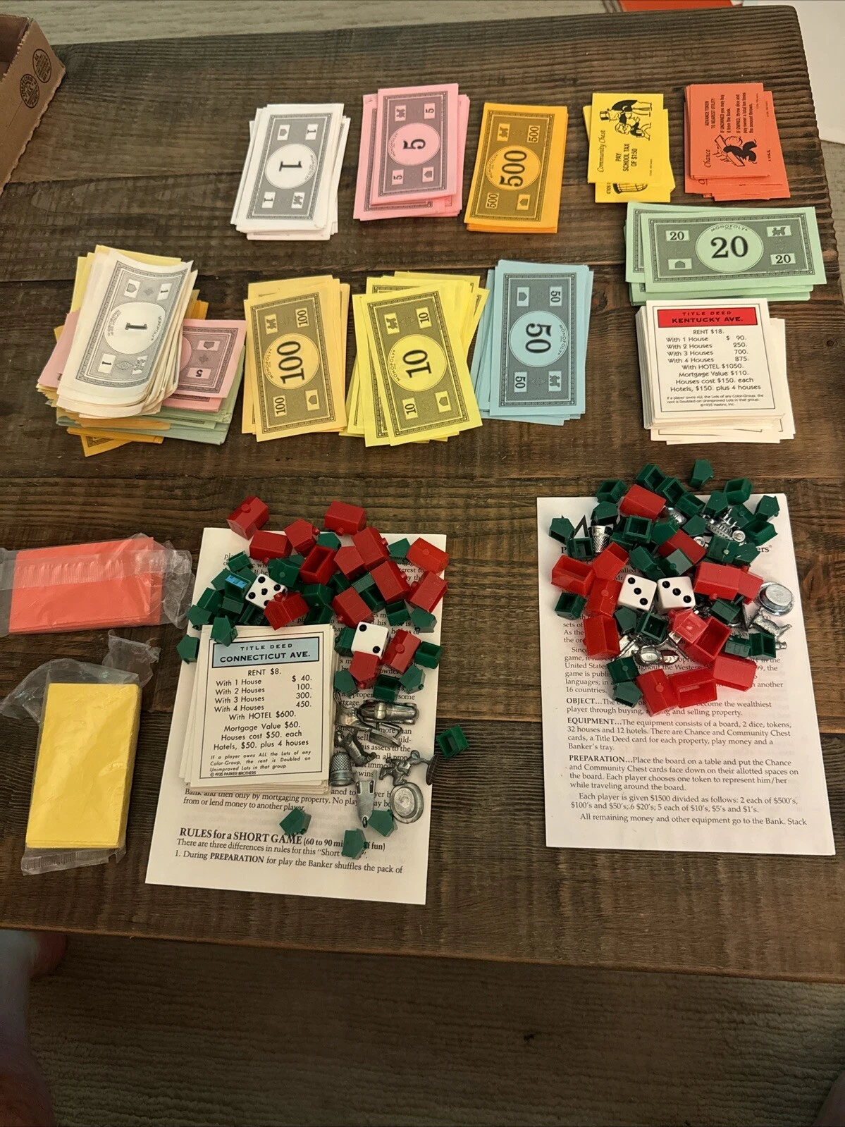 2 Lots of Monopoly Replacement Board Game Pieces - Deeds, Money, Houses, Cards