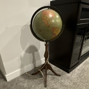 Rotating Terrestrial Floor Globe 13-20in Wooden Stand Green Brown Red