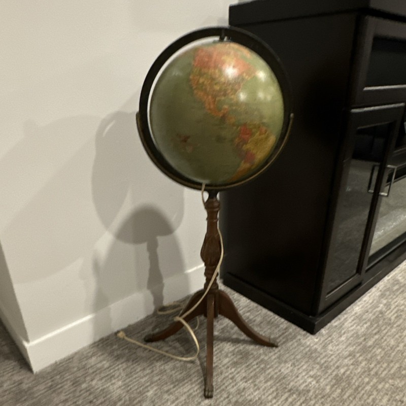 Rotating Terrestrial Floor Globe 13-20in Wooden Stand Green Brown Red