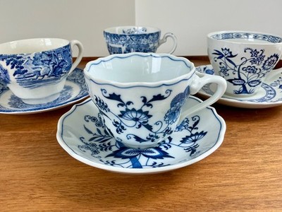 Vintage Mismatched Tea Cups and Saucers ~ Set of 4 ~ Blue & White Set A