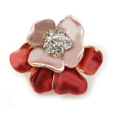 Koralle/rosa Kristallblüte Anstecknadel Brosche aus goldfarbenem Metall - 20 mm