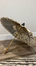 Vintage Asian Bamboo Paper Parasol Umbrella Hand Painted Dragonfly Floral