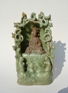 CHINESE LONGQUAN CELADON AND BISCUIT GUANYIN MING DYNASTY