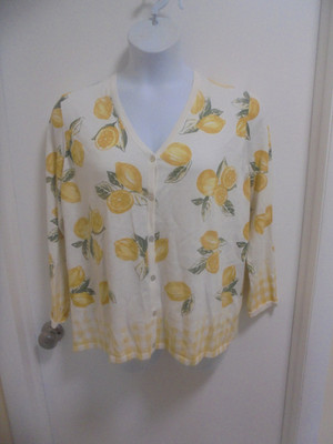 Foxcroft Womens White Lemons Long Sleeves V-Neck Button Down Sweater Size 1X
