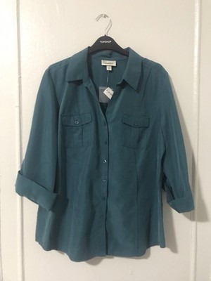 New Dressbarn Teal Green Peachskin Button Down Roll Tab Long Sleeve Shirt XL