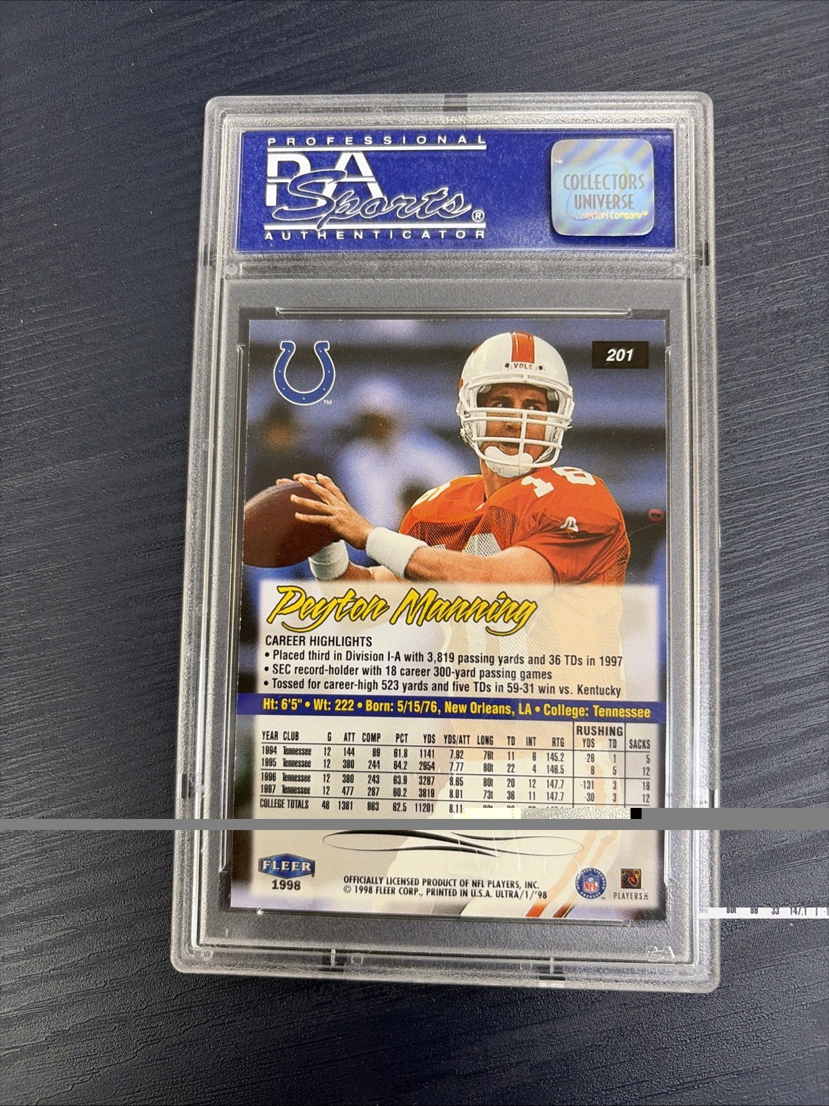 1998 Ultra Peyton Manning #201 Rookie RC PSA 8 view 2