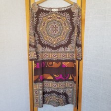 Elysa Suzanne Retro Print Shift Dress Size Large Brown Purple Gold 3/4 sleeves