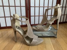 EUC GUESS GLAMO TAUPE GLITTER 5” HIGH STILETTO BACK-ZIP HEELS Women’s Size 11M