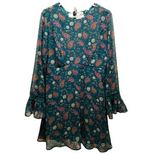 Xhilaration Long Sleeve Dress Women's Large Green Paisley Tie Back Boho Festival